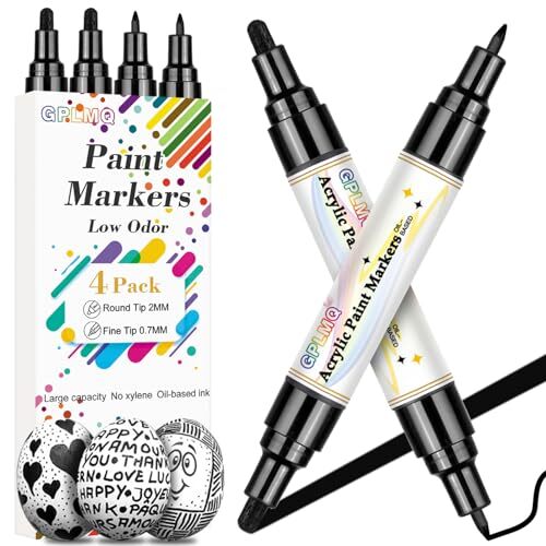GPLMQ Paint Pens – 4 Pack Dual Tip Acrylic Paint Markers (0.7mm & 3mm), Black