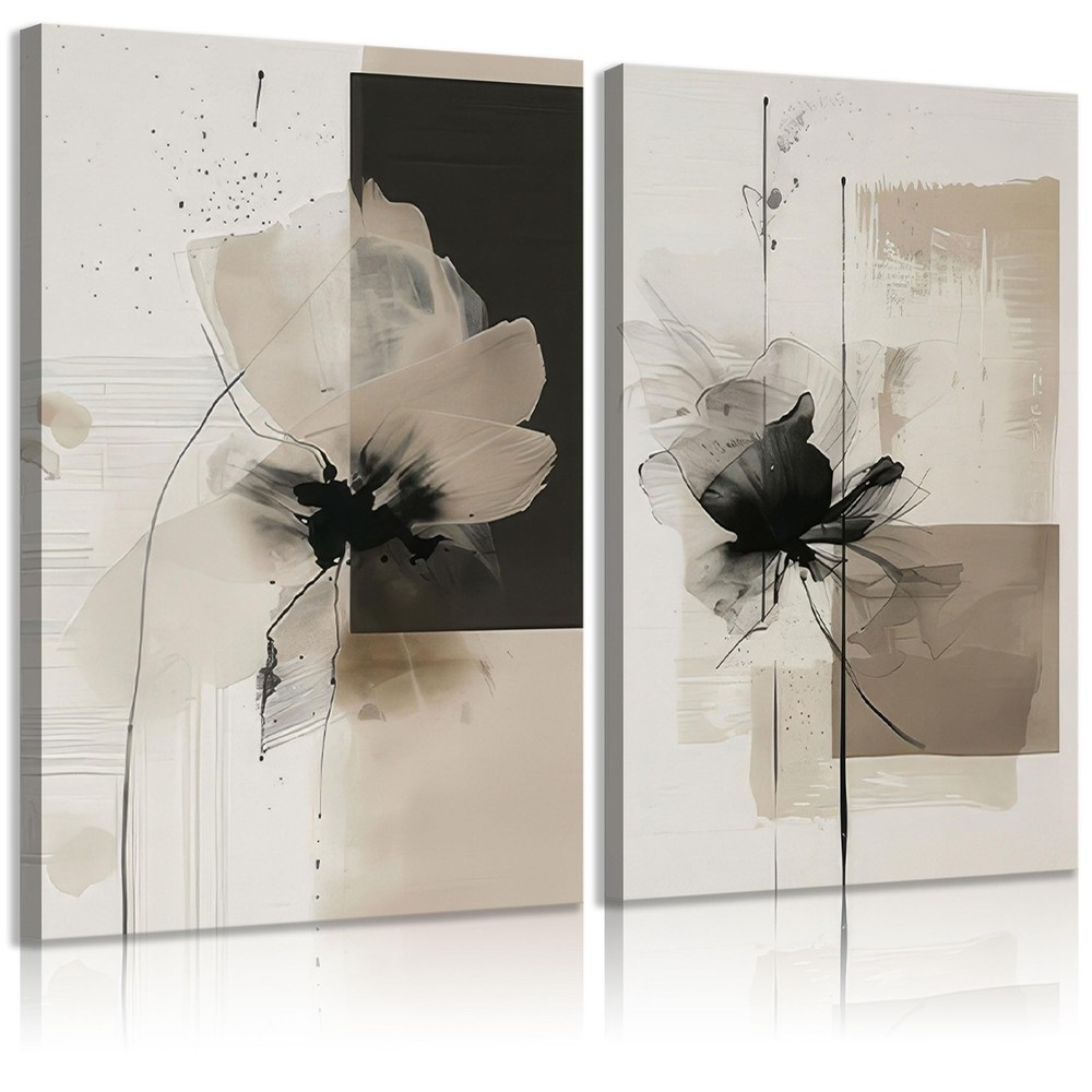 2Pcs Framed Neutral Abstract Canvas Wall Art Floral Pictures Modern Minimalis…