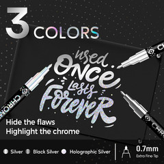 3 Colors Chrome Paint Markers, Light, Black and Laser Silver Permanent Mirror Li