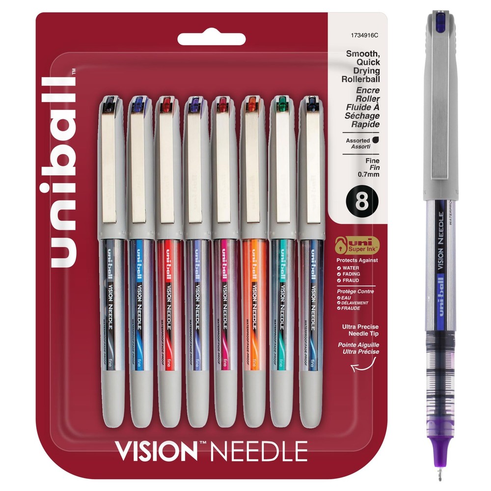 uniball Vision Needle Roller Ball Pen, Stick, 8 Count (Pack of 1), Multicolor