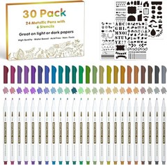 30 Assorted Fine Tip Metallic Markers – 24 Colors & Stencils for Craft Mastery