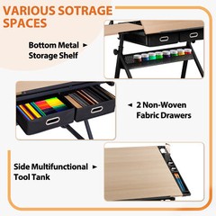 Adjustable Drafting Table Tilting Drawing Desk w/Charging Station Stool Natural
