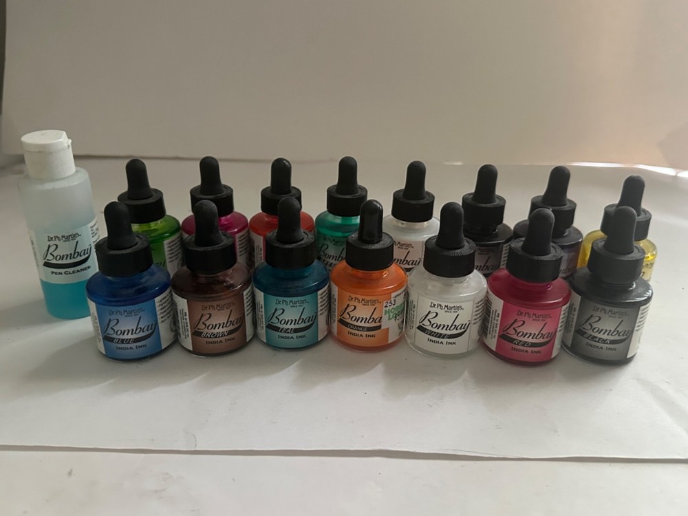 Dr. Ph. Martin’s Iridescent & Bombay India Ink Lot – 15 Bottles + Extras – Used