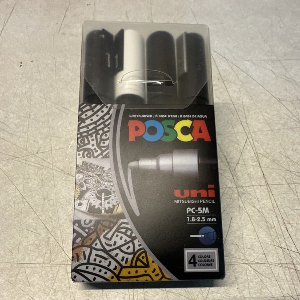 POSCA PC-5M Metallic Paint Marker Pen Set Black White Gold Silver 4 Colors – NEW