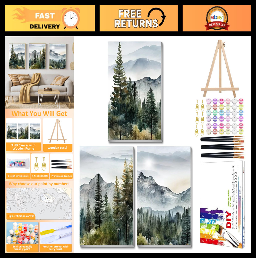 3 Pack Paint by Numbers Kit for Adults – DIY Landscape Mountain Acrylic Art 7.8x