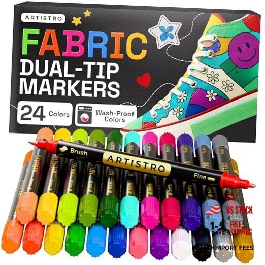 Dual-Tip Fabric Markers – Fabric Decorating Kit – Permanent for 24 Multicolor