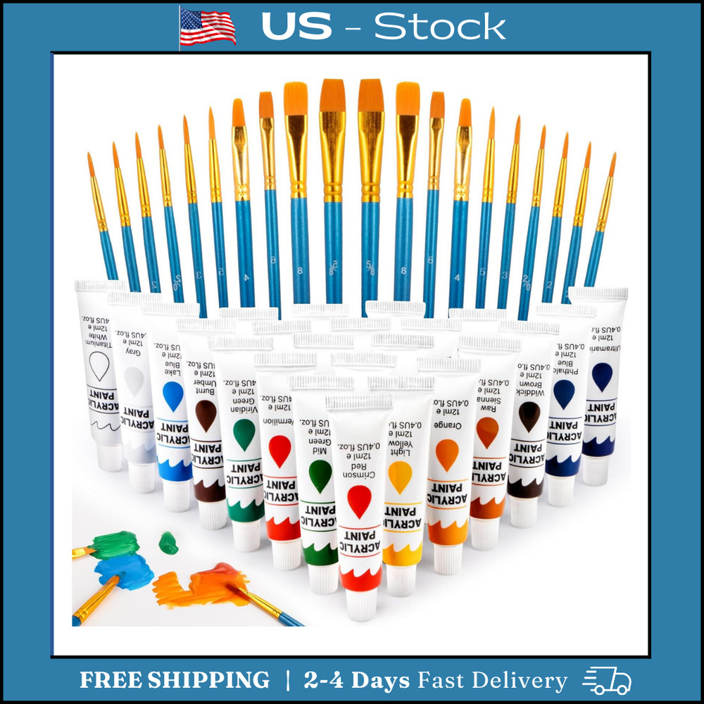Acrylic Paint Set, 24 Colors 0.4 oz/Bottle with 12 Art Brushes, Art Supplies
