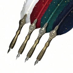 Feather Pen and ink Set with Wood Dip Pen with 1 Black Ink & 2 Replacement Nibs