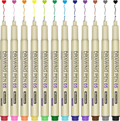 Muchcute 05 Micro Fineliner Drawing Art Pens: 12 Colors 0.45Mm Extra Fine Point