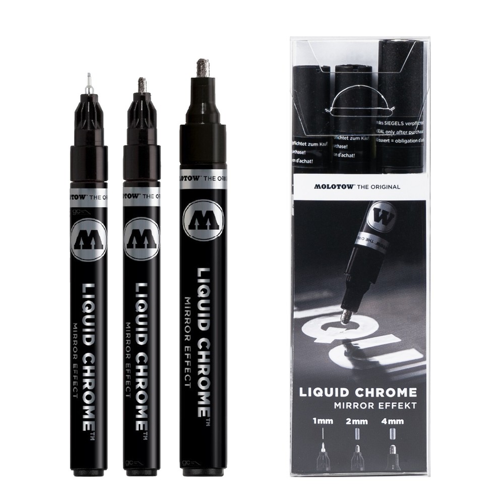 Molotow Liquid Chrome Pen Set – 3 Pack Metallic Pump Marker – 1, 2 & 4mm Nibs