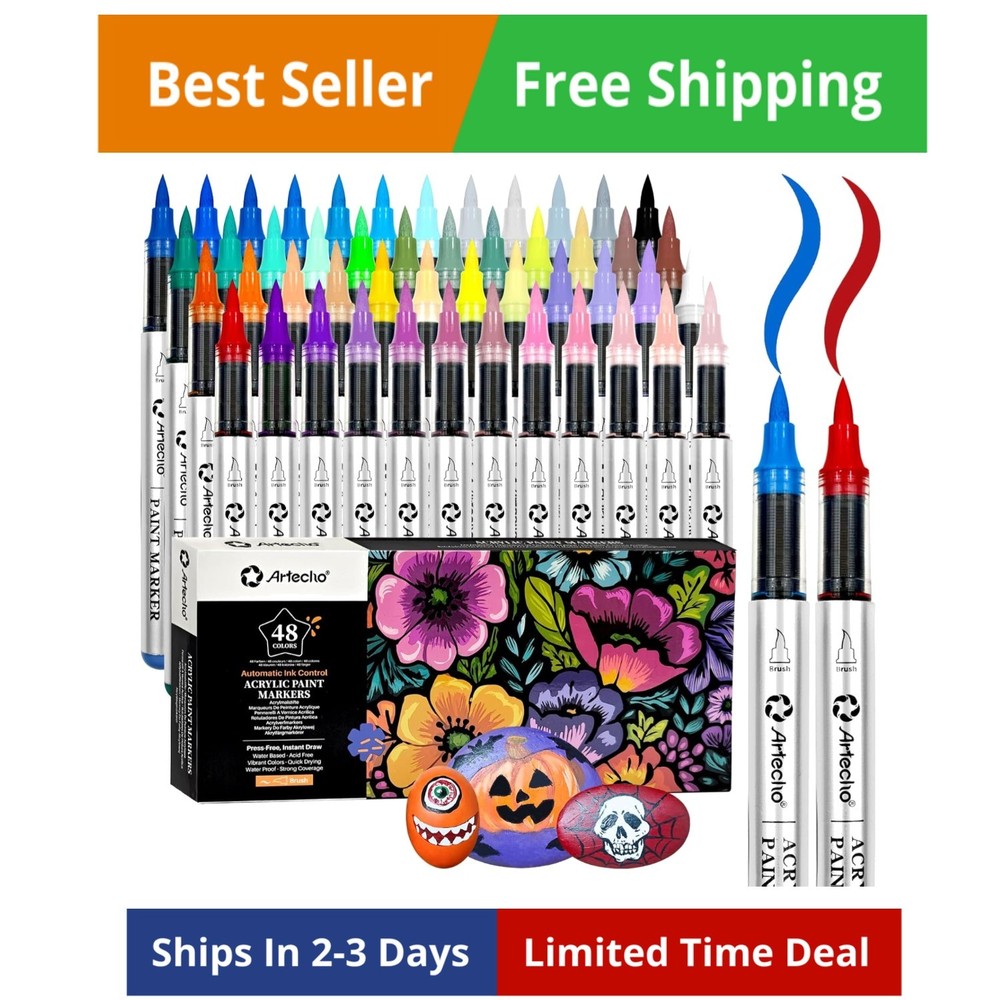 Automatic Ink Control Acrylic Paint Markers 48 Colors Brush Tip, for Stone, R…
