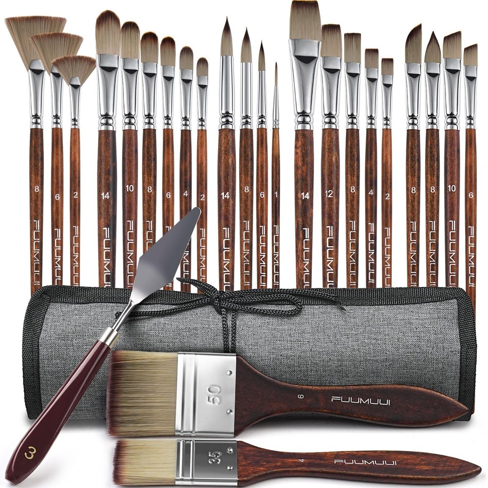 Fuumuui 25pcs Paint Brush Set, Professional 9 Shapes with Wide 25, Brown