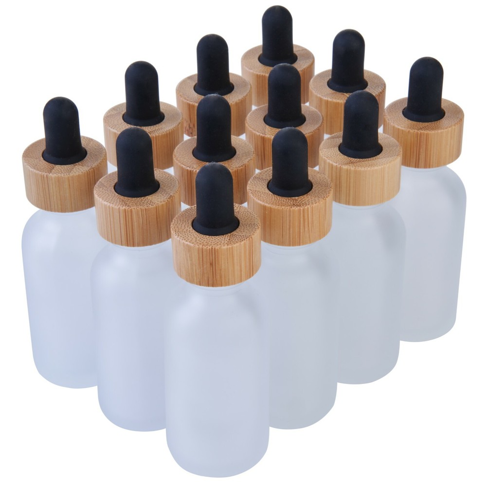 Clear Frosted Boston Round Glass bottles Black Bamboo Cap 1 oz / 30 ml 12 Pack