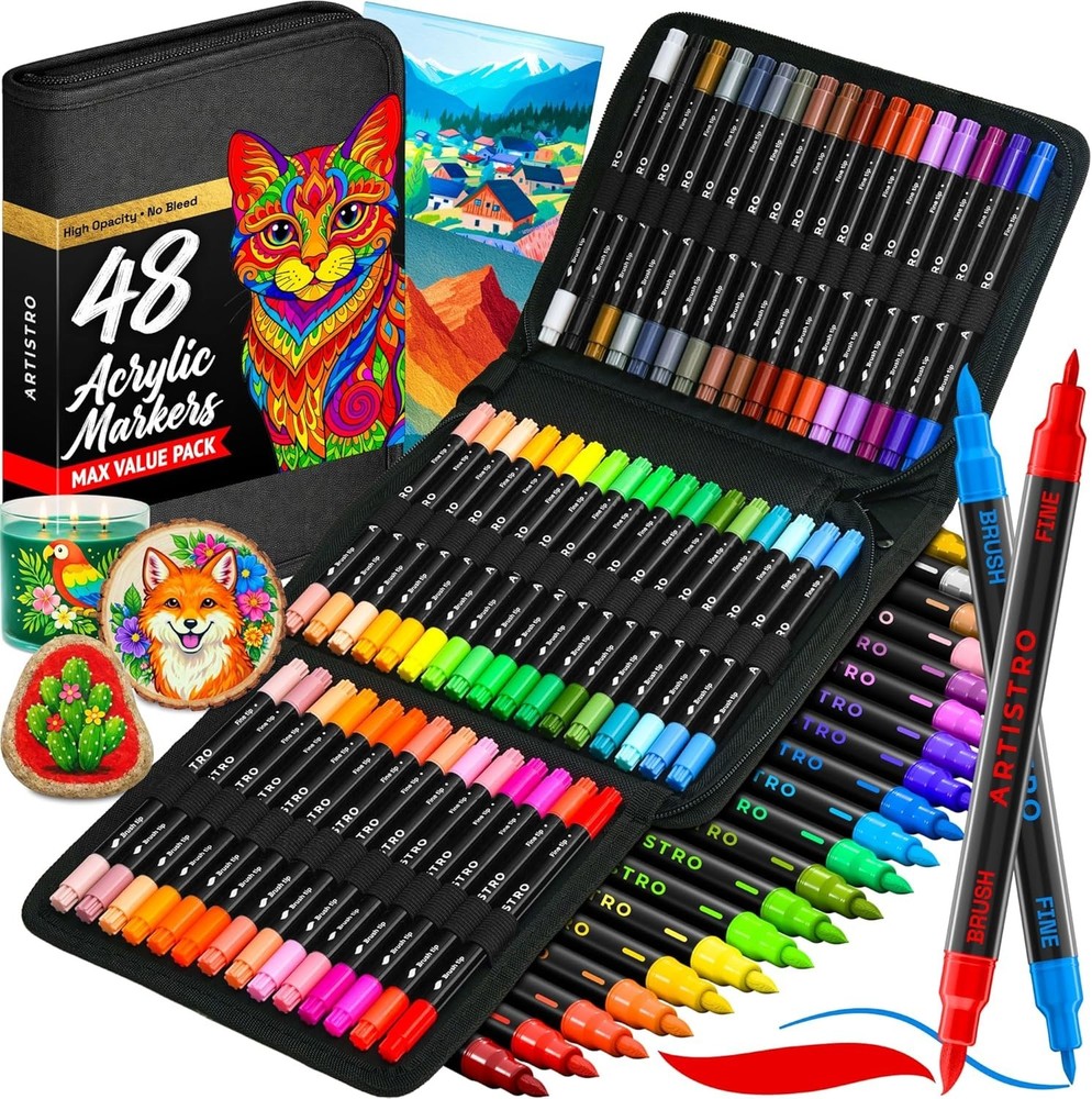 Acrylic Paint Pens With Storage Bag for Calligraphy – Markers With Brush and Fin