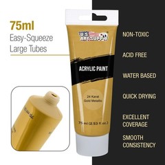 12 Color Set of Metallic Acrylic Paint, 75ml Tubes, Pearl, Artists, Canvas, Wood
