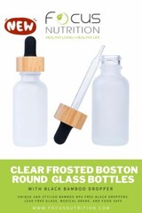Clear Frosted Boston Round Glass bottles Black Bamboo Cap 1 oz / 30 ml 12 Pack