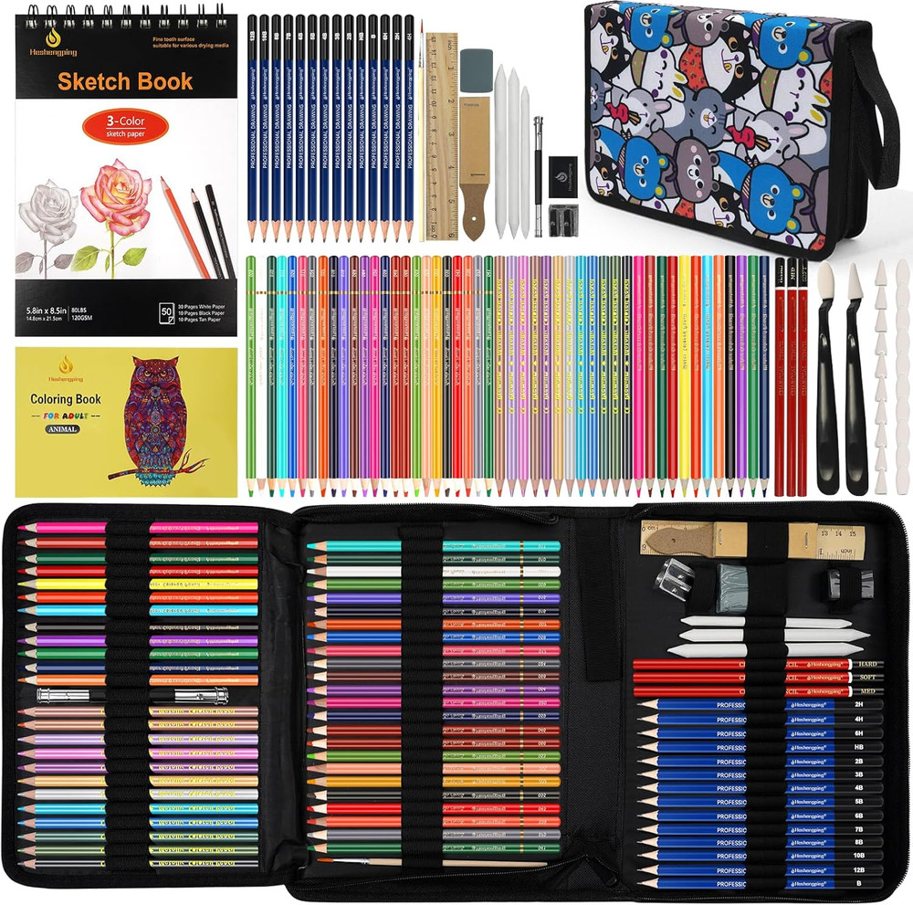 100 Art Supplies Drawing Kit Pro Drawing Supplies Set has 3-Color Sketchbook Col