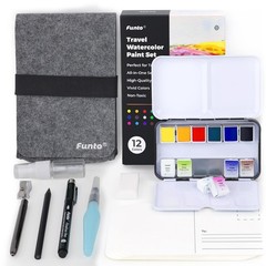 Travel Watercolor Set 12Color Paint 10 Postcards Brush Pen Fineliner Pencil