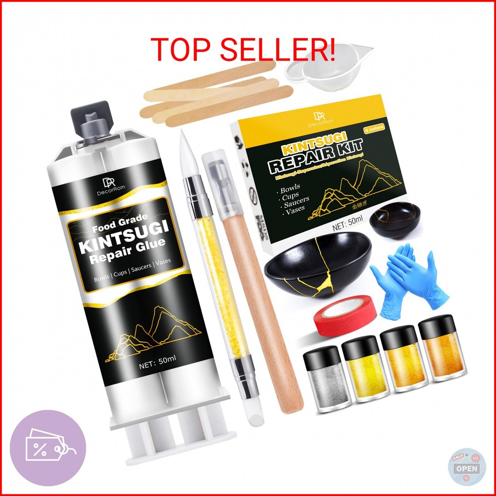 Kintsugi Repair Kit, Upgraded Food Safe Gold & Silver Kintsugi Kit for Broken Ce