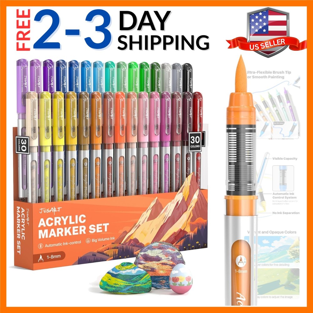 Acrylic Paint Markers Brush Tip 30 Colors, Water-Based No-Bleed Markers with …