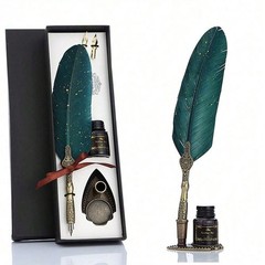 Feather Pen and ink Set with Wood Dip Pen with 1 Black Ink & 2 Replacement Nibs