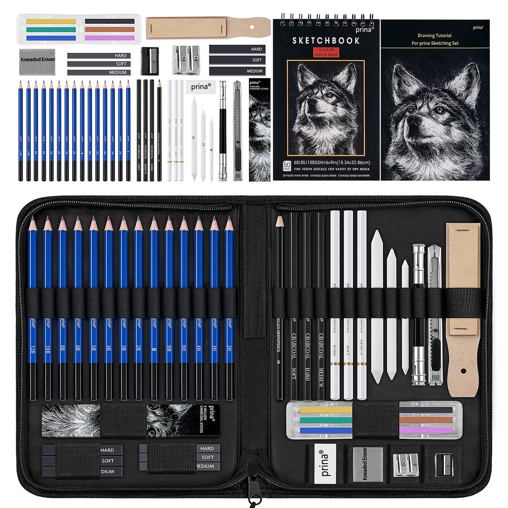 Prina 50 Pack Drawing Set Sketch Kit, Sketching Supplies with Multicolor