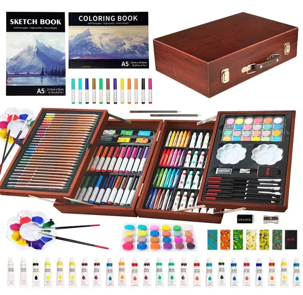 139 Pack Deluxe Portable Double Layers Wooden Coloring Drawing Kit with Sketch P