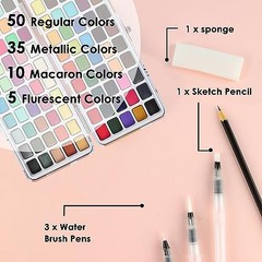 Watercolor Paint Set – 50 Regular, 35 Metallic, 10 Macaron and 5 100 Colors