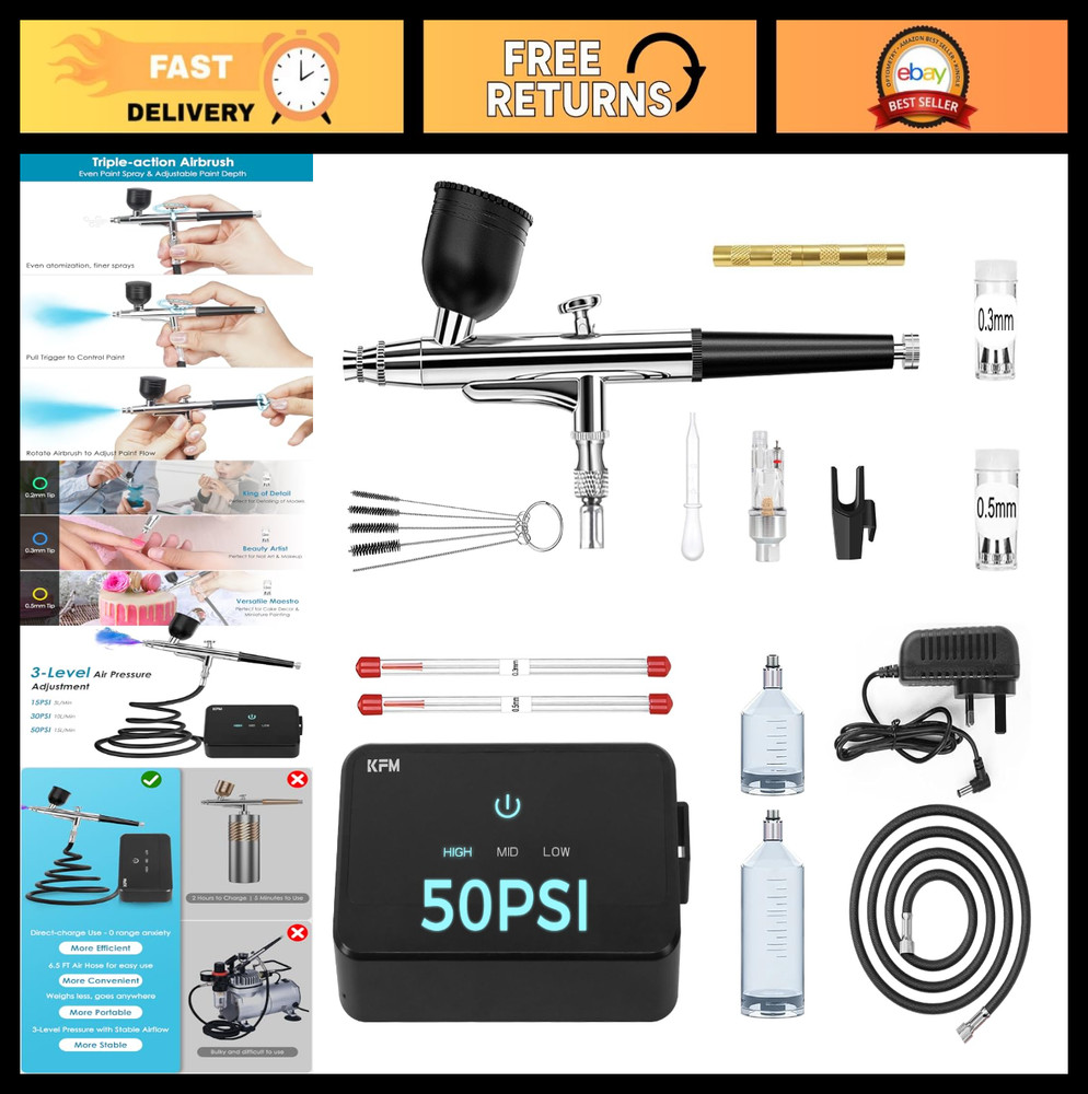 50 PSI Airbrush Kit with Compressor, Dual-Action Gun, 0.2/0.3/0.5mm Nozzles, Cle