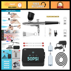 50 PSI Airbrush Kit with Compressor, Dual-Action Gun, 0.2/0.3/0.5mm Nozzles, Cle