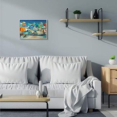 Colorful Beach Umbrella Landscape Nautical Deep Blue 20L” x 16W” Grey Framed