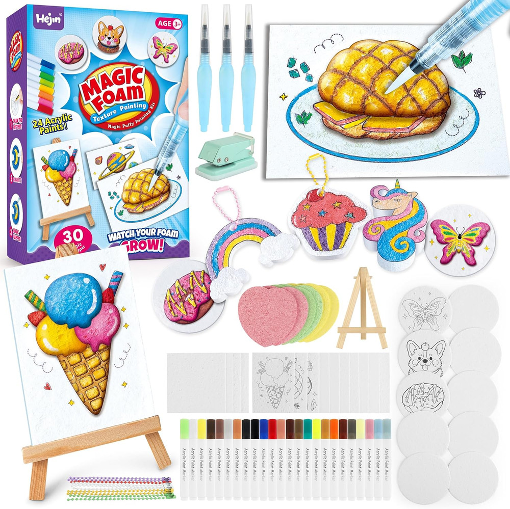 70PCS Magic Foam Texture Painting Kit, Magic Puffy Paint Kit with 30 Foam Textur