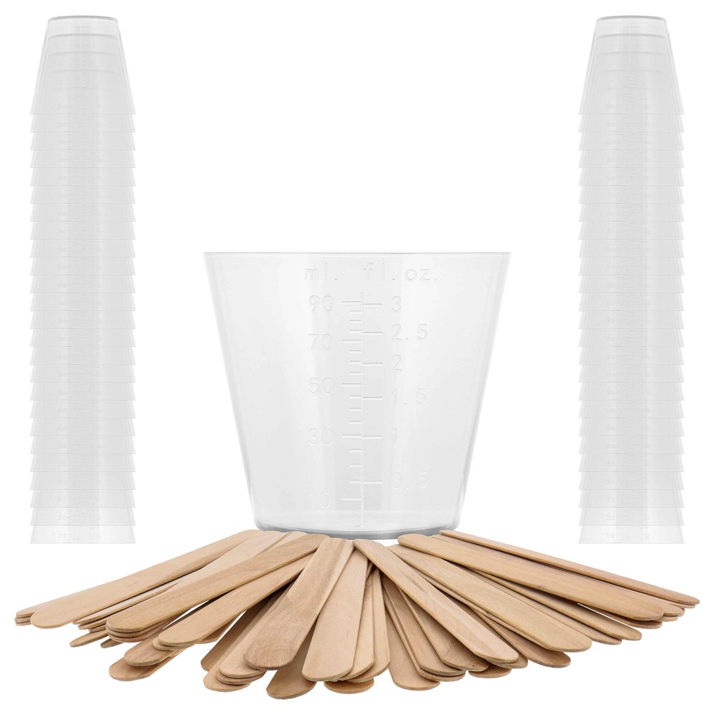 3oz (90ml) Graduated Plastic Measuring Cups, 50 Cups & 25 Mixing Sticks, Paint
