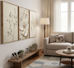 Framed 3D Textured 3Pcs Neutral Beige Floral Plant Canvas Wall art Textured F…
