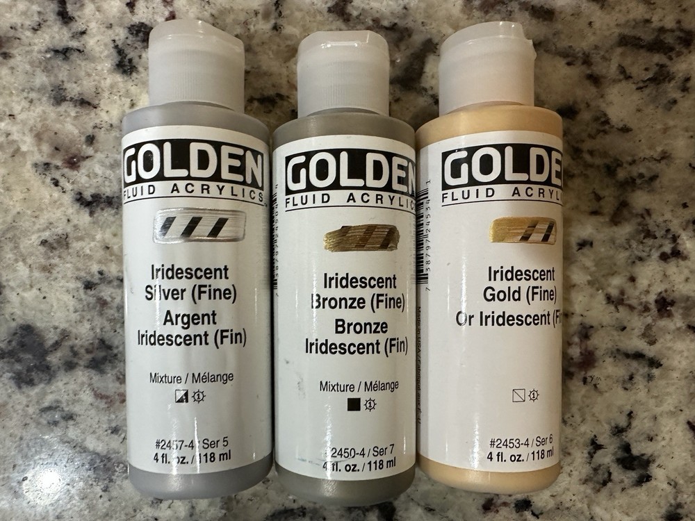 Golden fluid Paint 4 Oz iridescent Gold, Silver And Bronze