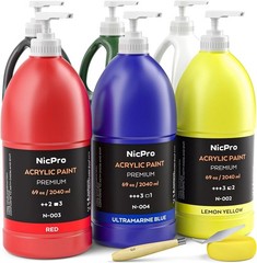 Huge 69oz Bulk Acrylic Paint – 6 Basic Colors, Fade Resistant, Kid & Adult Safe