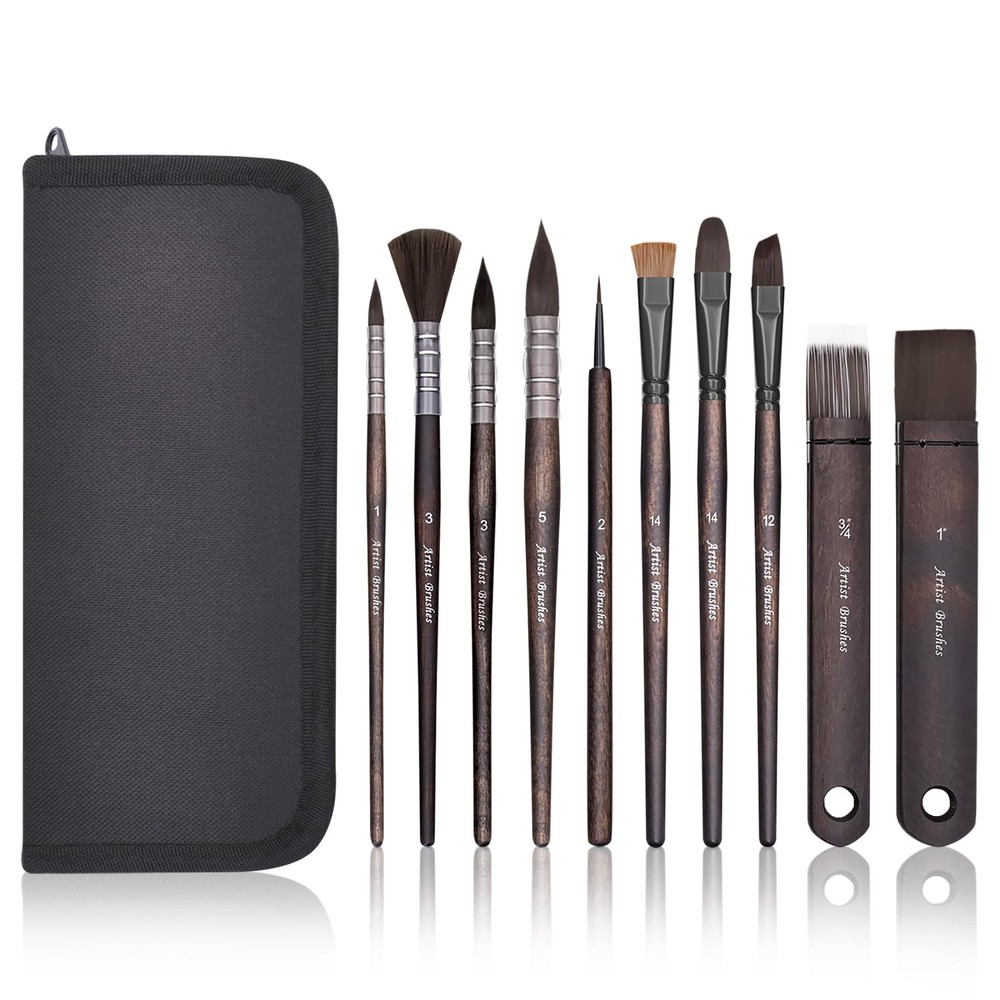 10 PCS Black Artist Paint Brush Set Nylon Bristles for Acrylic Oil Water
