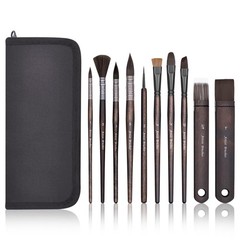 10 PCS Black Artist Paint Brush Set Nylon Bristles for Acrylic Oil Water