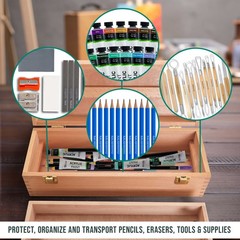 US Art Supply Artist Wood Pen, Marker Storage Box w/ Drawer Medium Tool Box