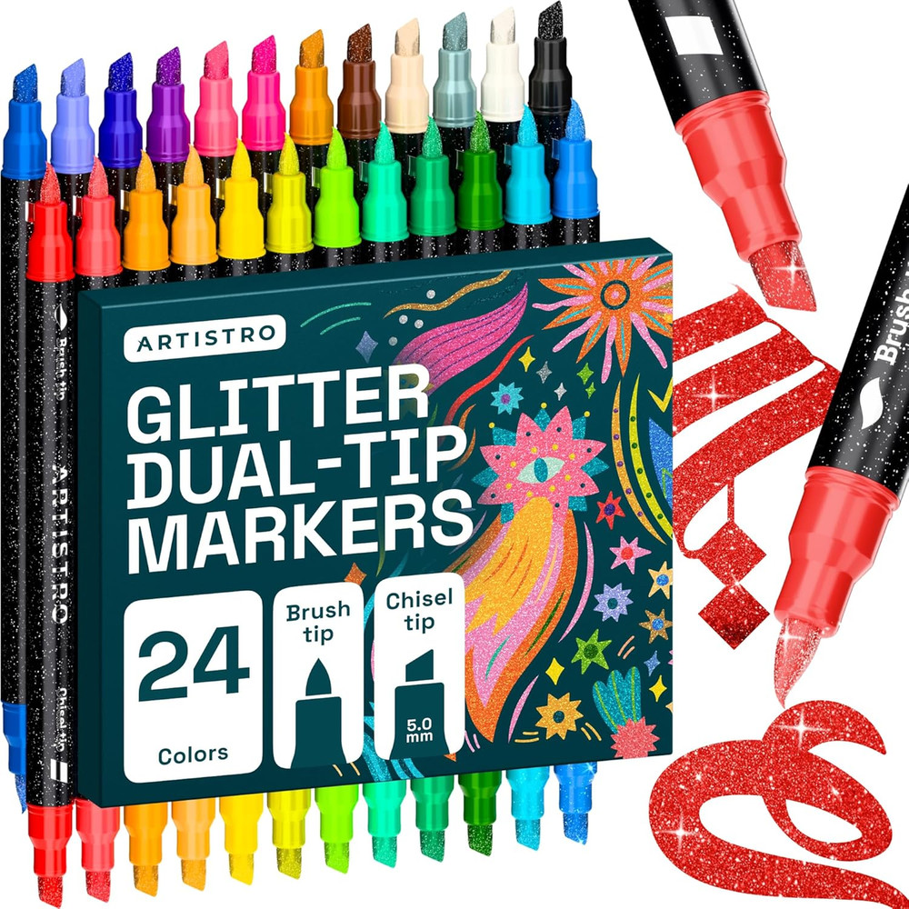 ARTISTRO 24 Sparkly Glitter Dual-Tip Paint Pens – Dazzling Markers with Acrylic