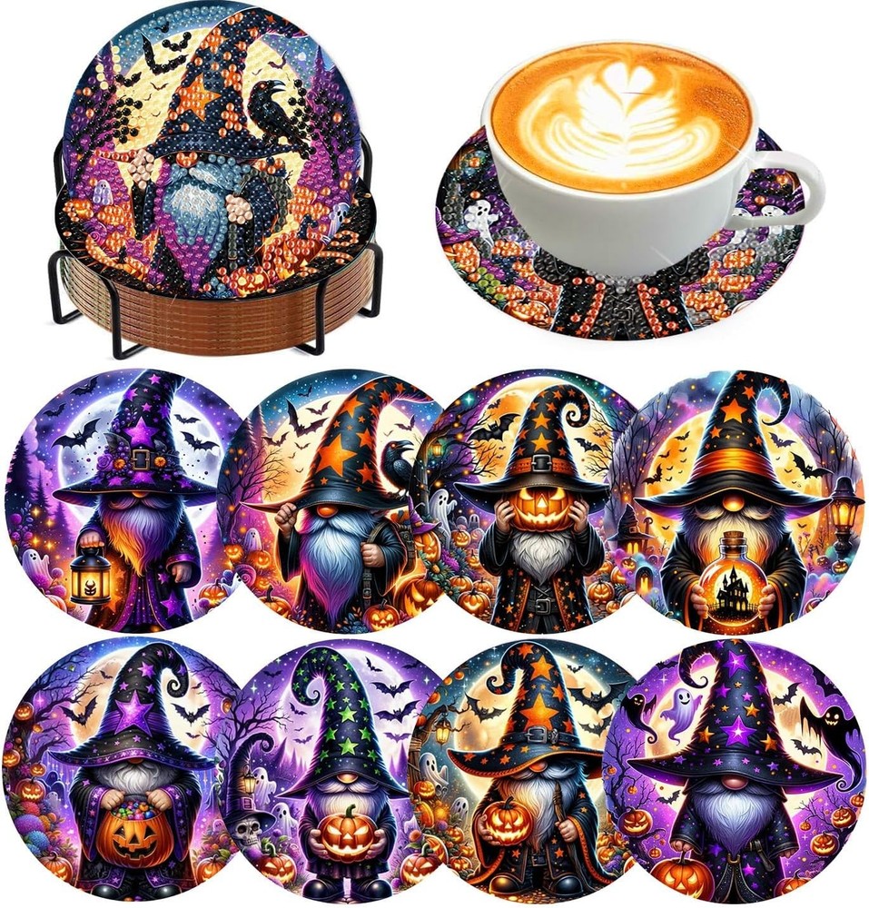 Meothan 8 Pcs Halloween Diamond Art Coasters 8 4x4in, Gnome