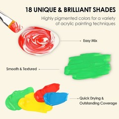 Acrylic Paint Set with 10 Brushes, 18 Colors Outdoor/Indoor (59ml, 2 oz) Art
