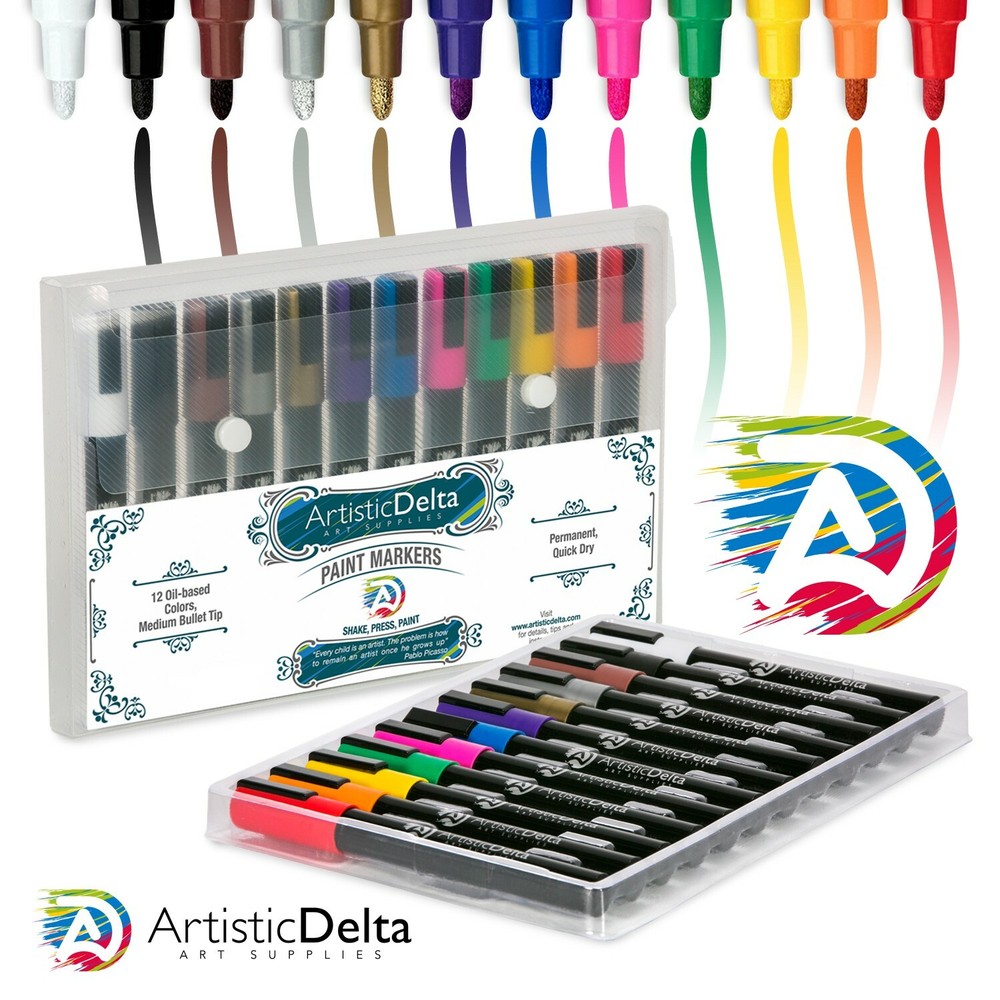 Paint Markers Set of 12 Medium Point Oil-based Art Pens w/Durable Case