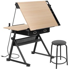 Drafting Table Wooden Drawing Desk Craft Station Artist w/Charging Station Stool