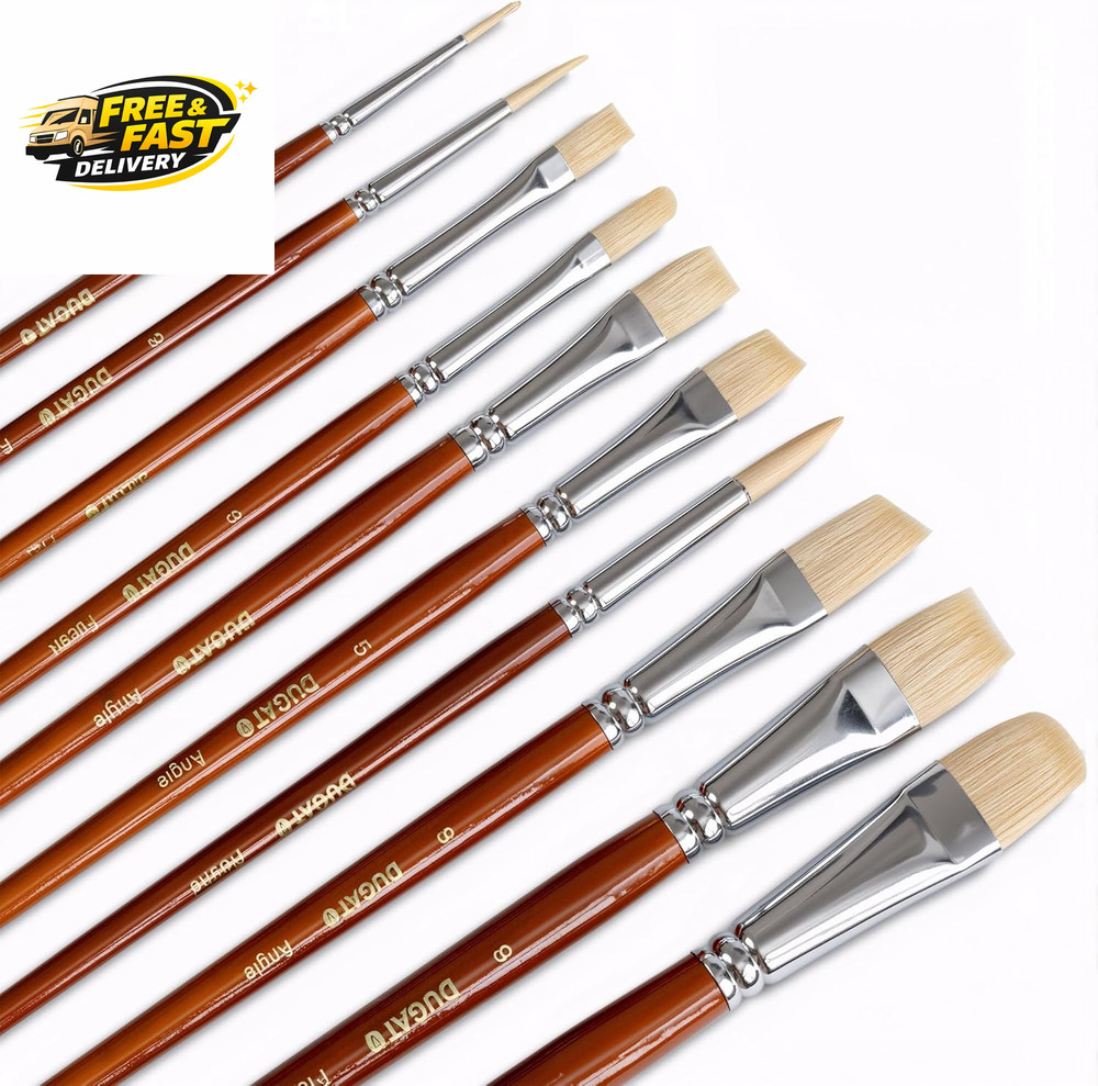 10Pcs Short Handle White Hog Hair Artist Paint Brush Set by Perfect for Acrylic