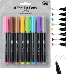 – Felt Tip Pens, 8 Pack, 0.7Mm, Assorted Colors, Fast Dry, Fine Felt Tip