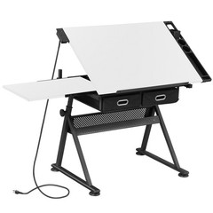 Drafting Table with Wooden Tabletop and Steel Frame Adjustable Height White