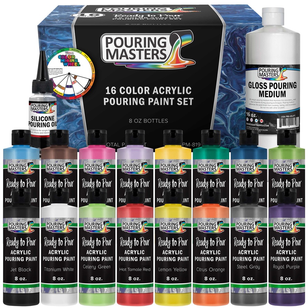 16-Color Ready to Pour Acrylic Pouring Paint Set, Silicone Oil & Gloss Medium