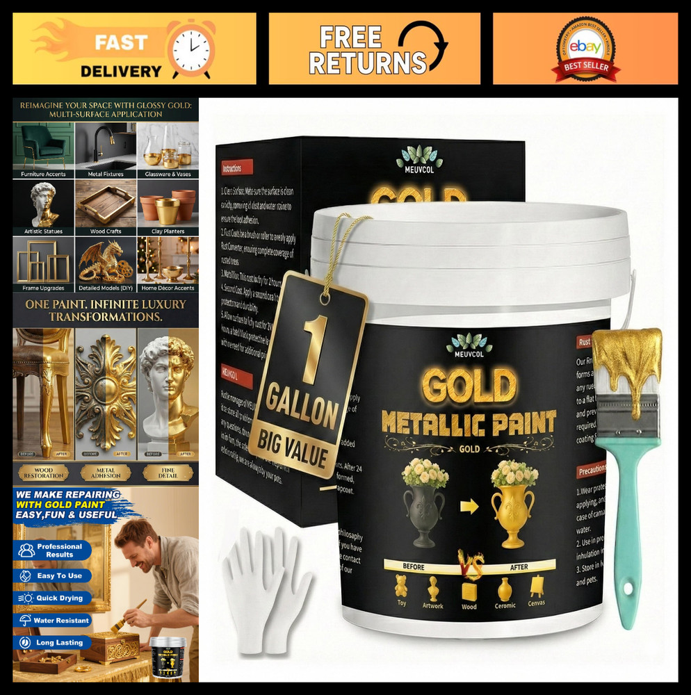 Metallic Gold Leaf Paint 1 Gallon – Non-Toxic Shiny Acrylic Coating for DIY Craf