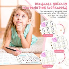 4 PC Reusable Grooved Writing Books for Kids, Magic Copy Books,Reusable Handl